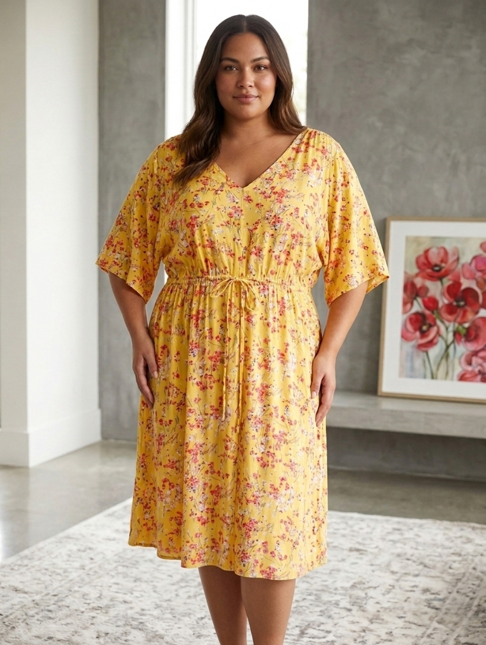 George Yellow Floral Waist-Tie V-Neck Boho Dress, Midi Prairie Dress, Size 3X